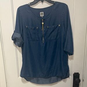 Relaxed Anne Klein Navy Zip-Pocket Tunic Top with Roll-Tab Sleeves